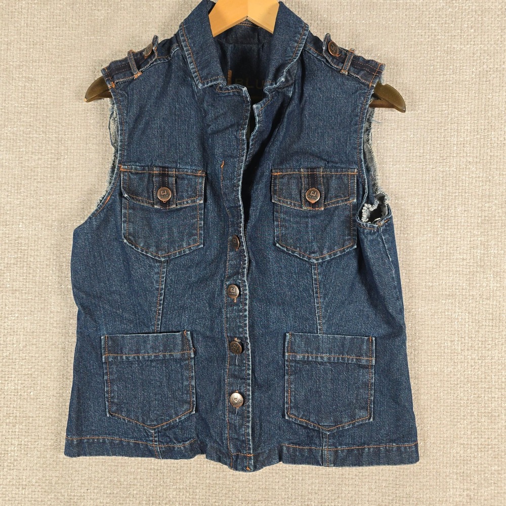 CJ Blue Denim Vest Women Large Frayed Jean Jacket Sleeveless Moto Trucker Pocket